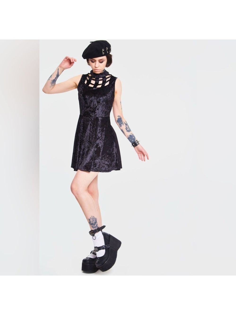 Jawbreaker Black Velvet Dream Caged Neck Mini Dress - Size 1XL
